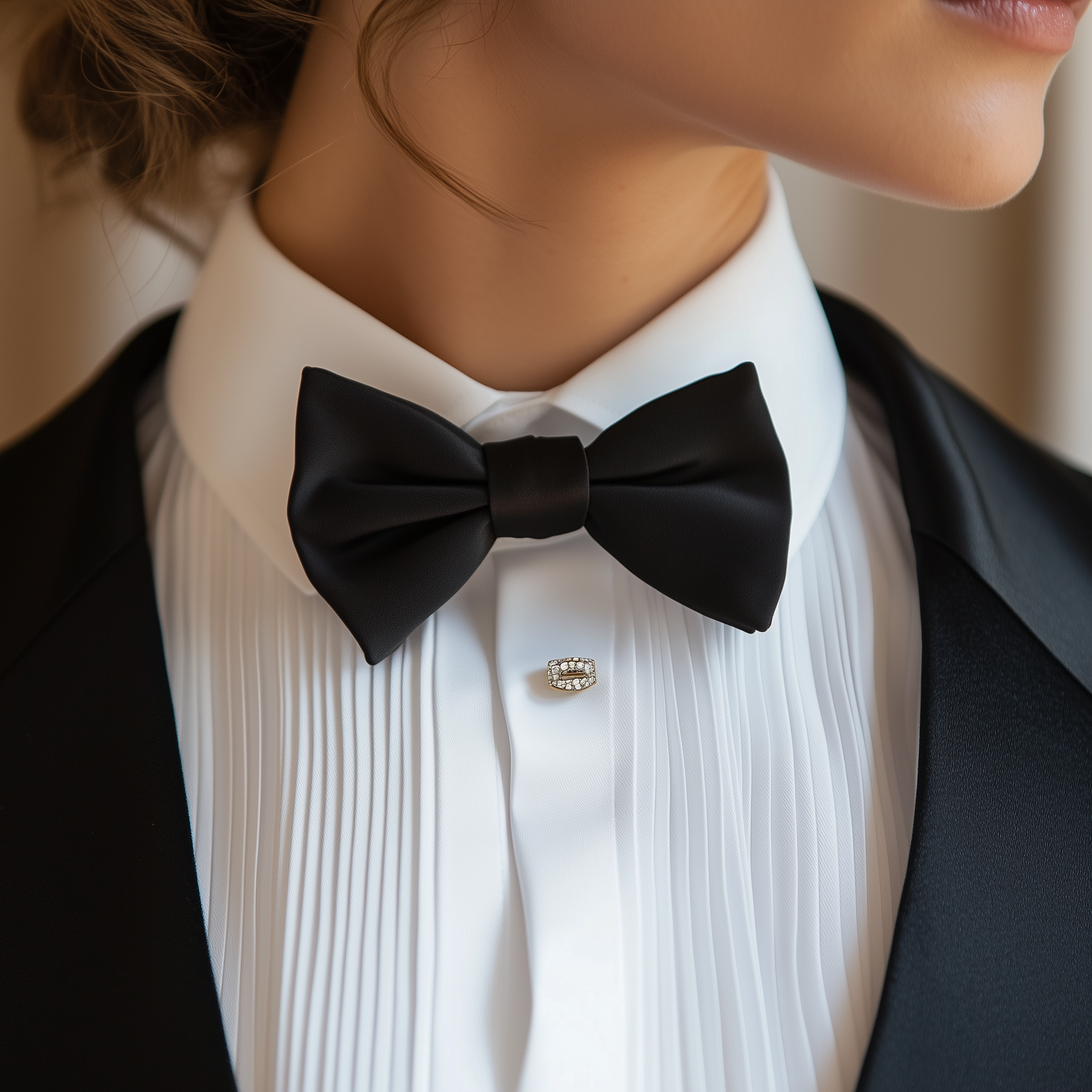 Close up of a model wearing a custom black suit with a white undershirt with the camera focused on the black bowtie