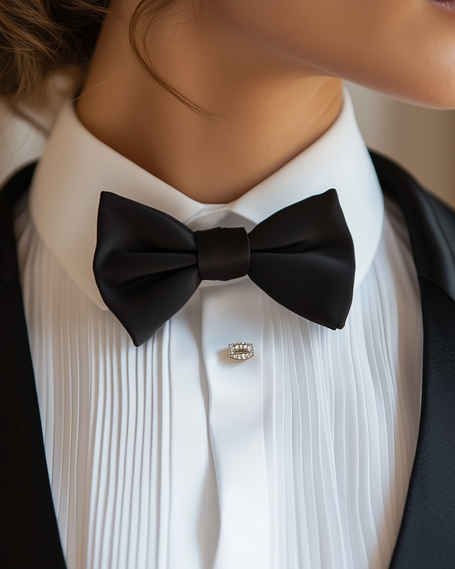 Close up of a model wearing a custom black suit with a white undershirt with the camera focused on the black bowtie