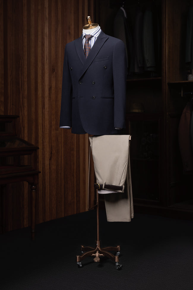 Navy Double-Breasted Blazer & Beige Trousers