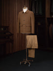 Men's camel tailored jacket with matching trousers, elegantly displayed on a mannequin. Sustainable, high-end fabric for eco-conscious formal wear. Ideal for sharp, refined looks.