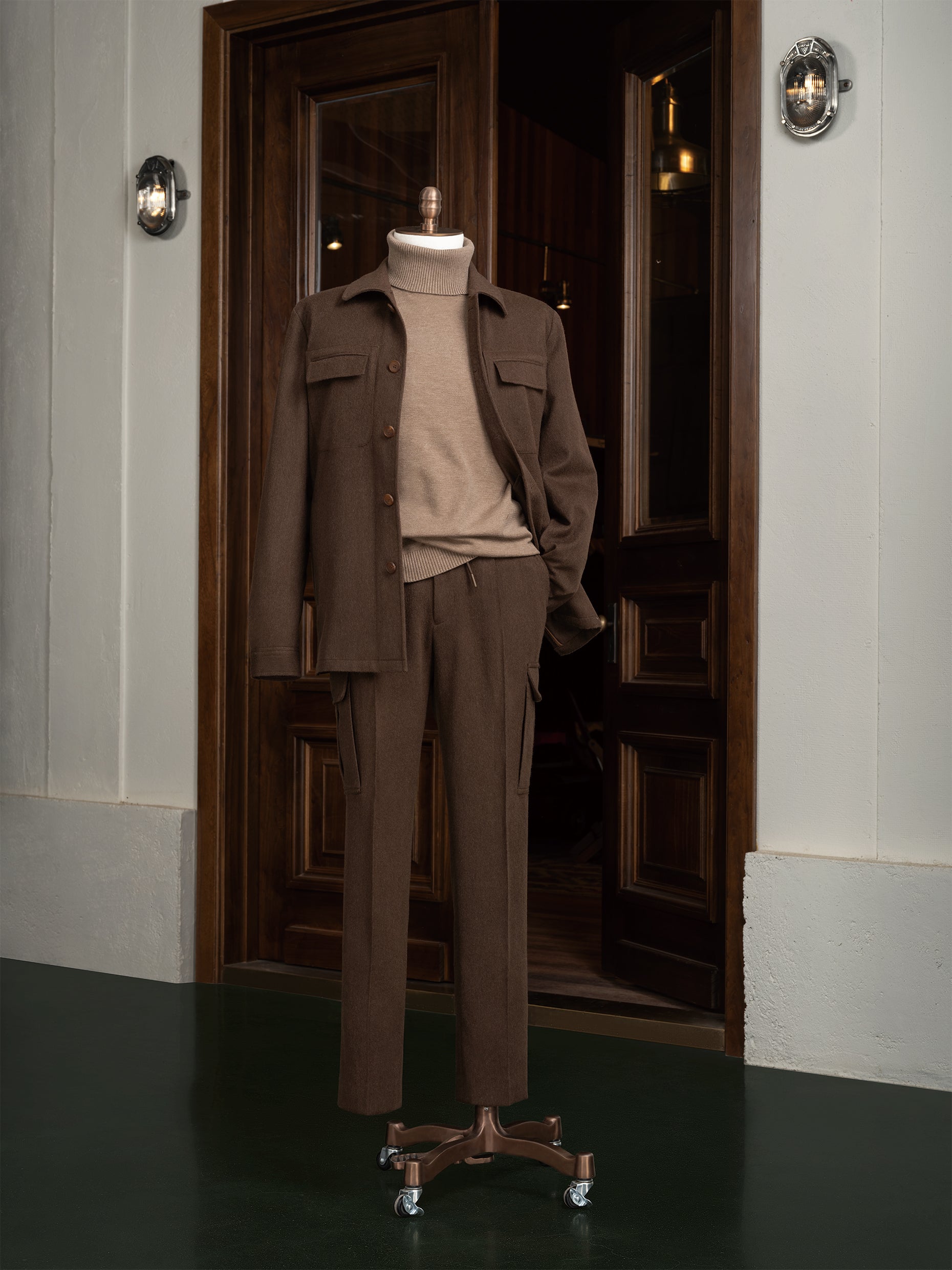 Modern earthy brown jacket for men  with matching tailored chinos. Perfect for high-end formal occasions, crafted sustainably.