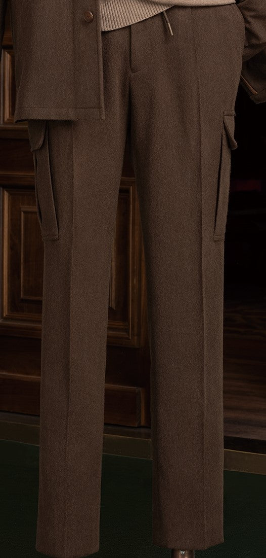 Close-up of earthy brown tailored cargos, showcasing fine craftsmanship and sophisticated detailing, ideal for formal wear.