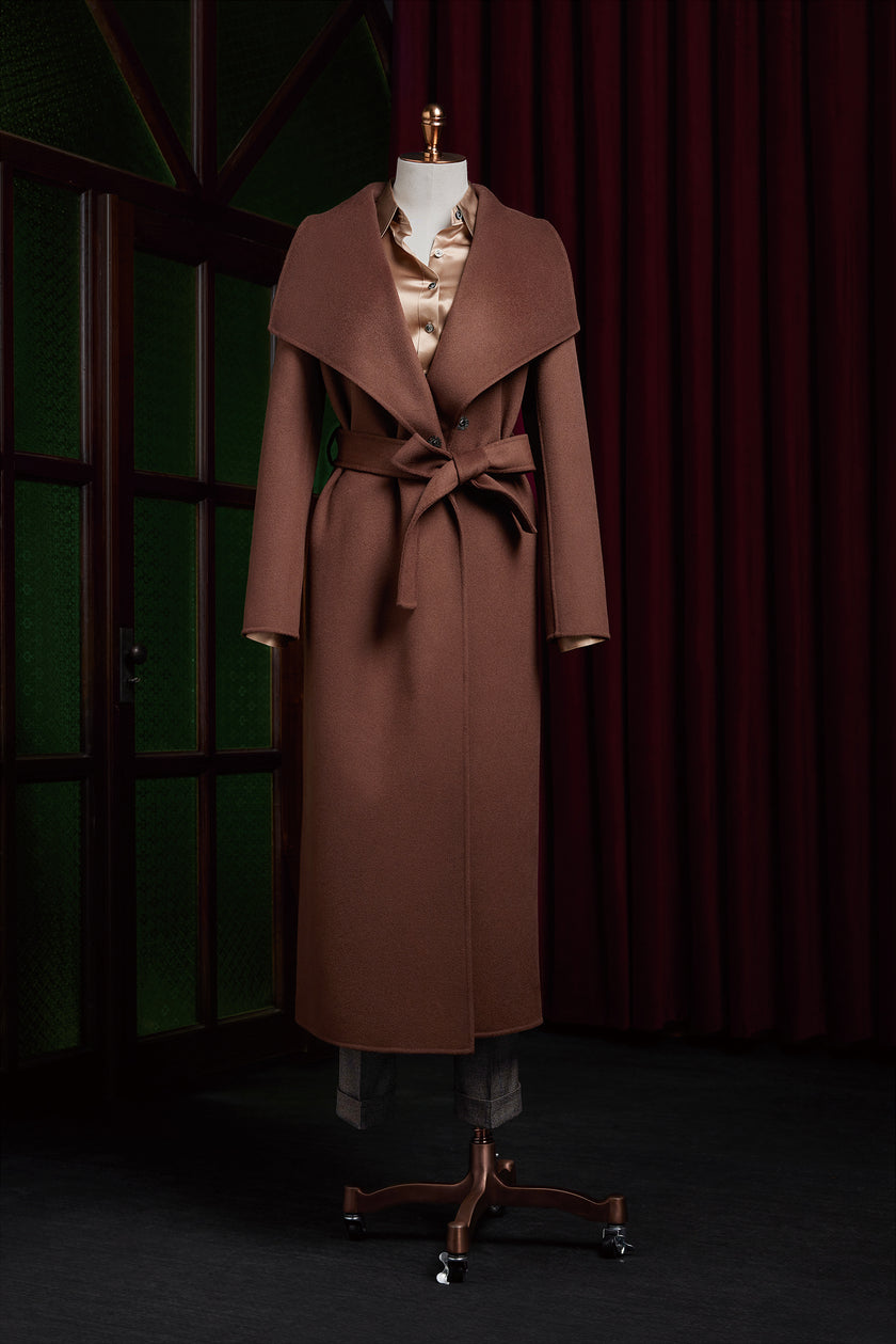 Oversized Lapel Brown Over Coat with Belt - POLLHEIM