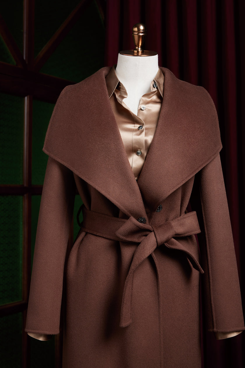 Oversized Lapel Brown Over Coat with Belt - POLLHEIM