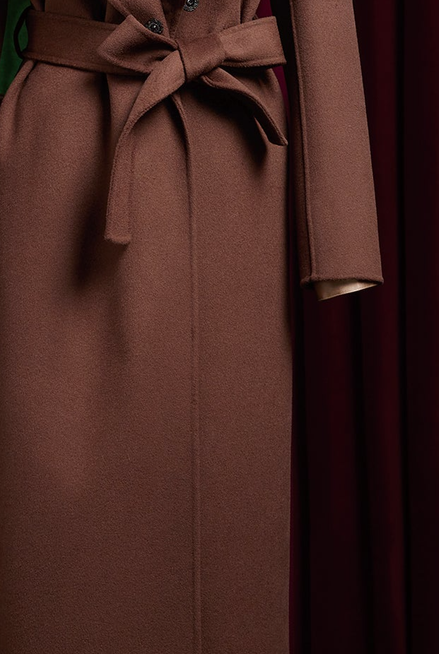Oversized Lapel Brown Over Coat with Belt - POLLHEIM