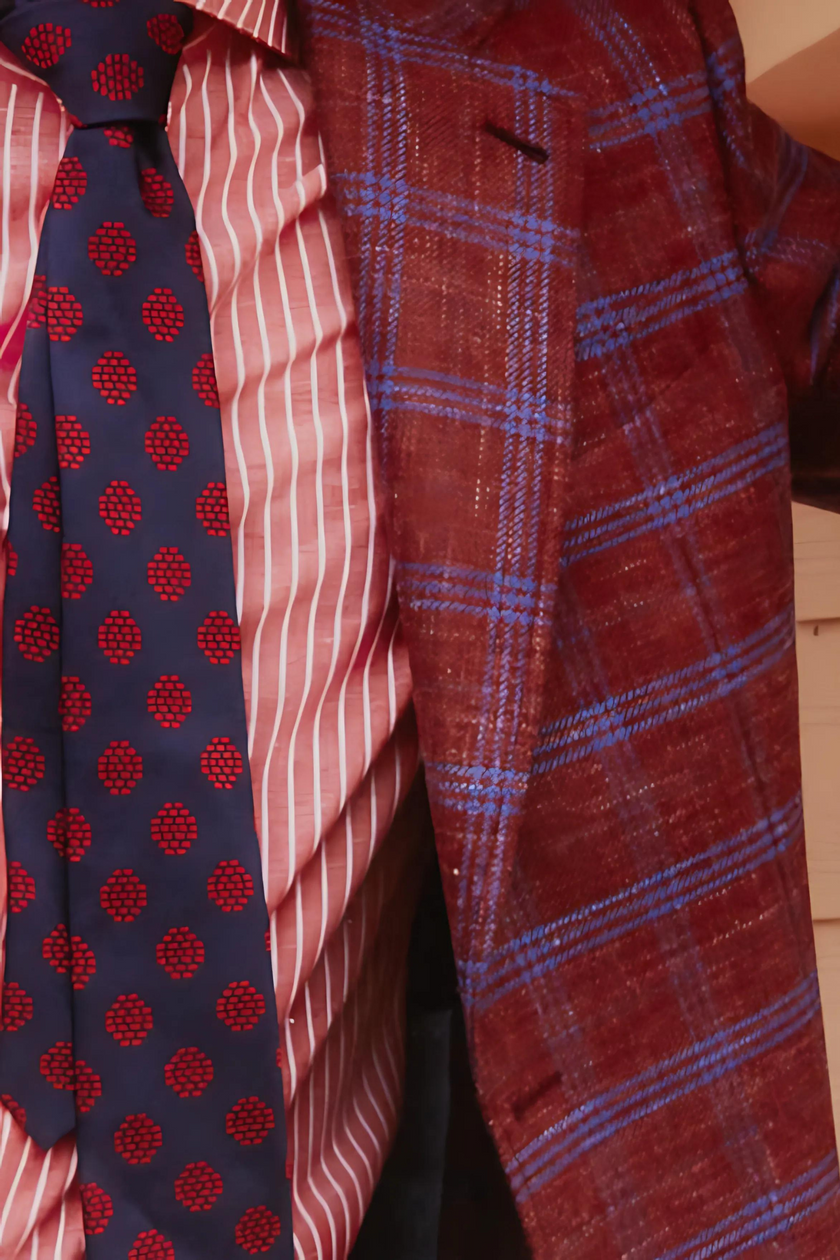Upper body shot showcasing a men's fashion ensemble with a red and white vertical striped shirt, navy tie with red medallion print, and a bold red-blue checked blazer. The textures and patterns reflect confident sartorial styling.